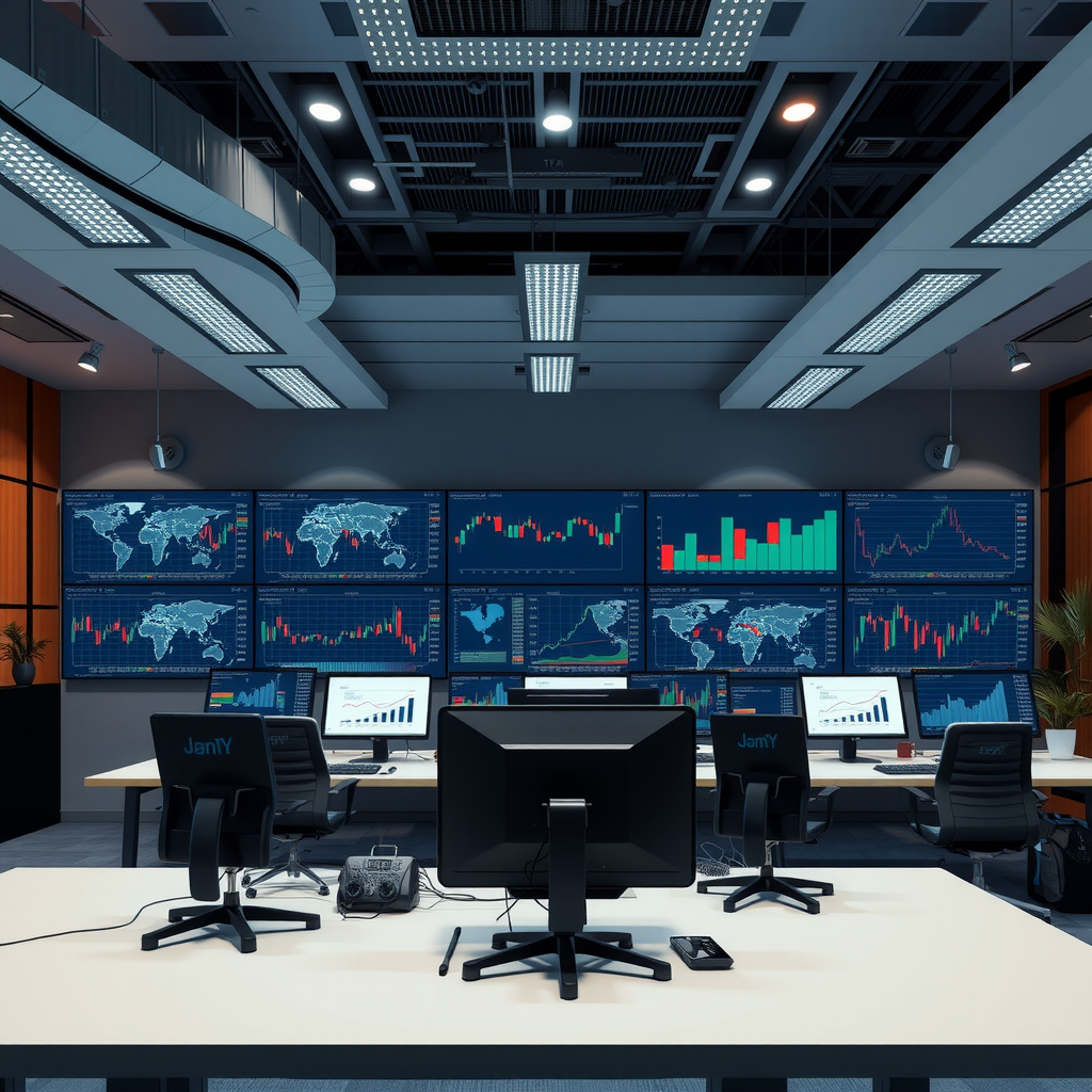 Modernes Büro mit mehreren Bildschirmen, die makroökonomische Daten, Diagramme und globale Wirtschaftsindikatoren anzeigen, professionelle Analystenarbeitsplätze