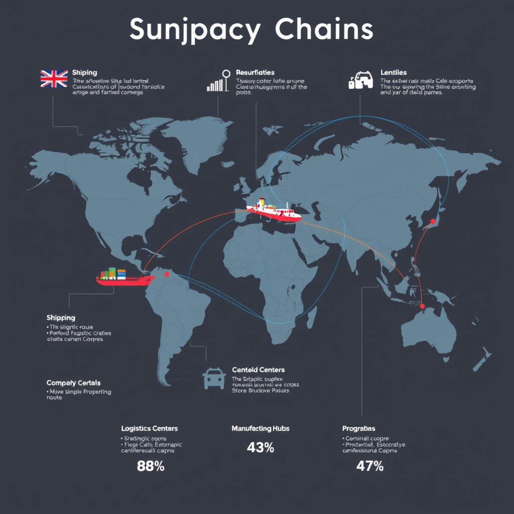 Detailed infographic showing global supply chain networks with shipping routes, manufacturing hubs, and logistics centers across continents, featuring data visualization elements and regional connectivity maps