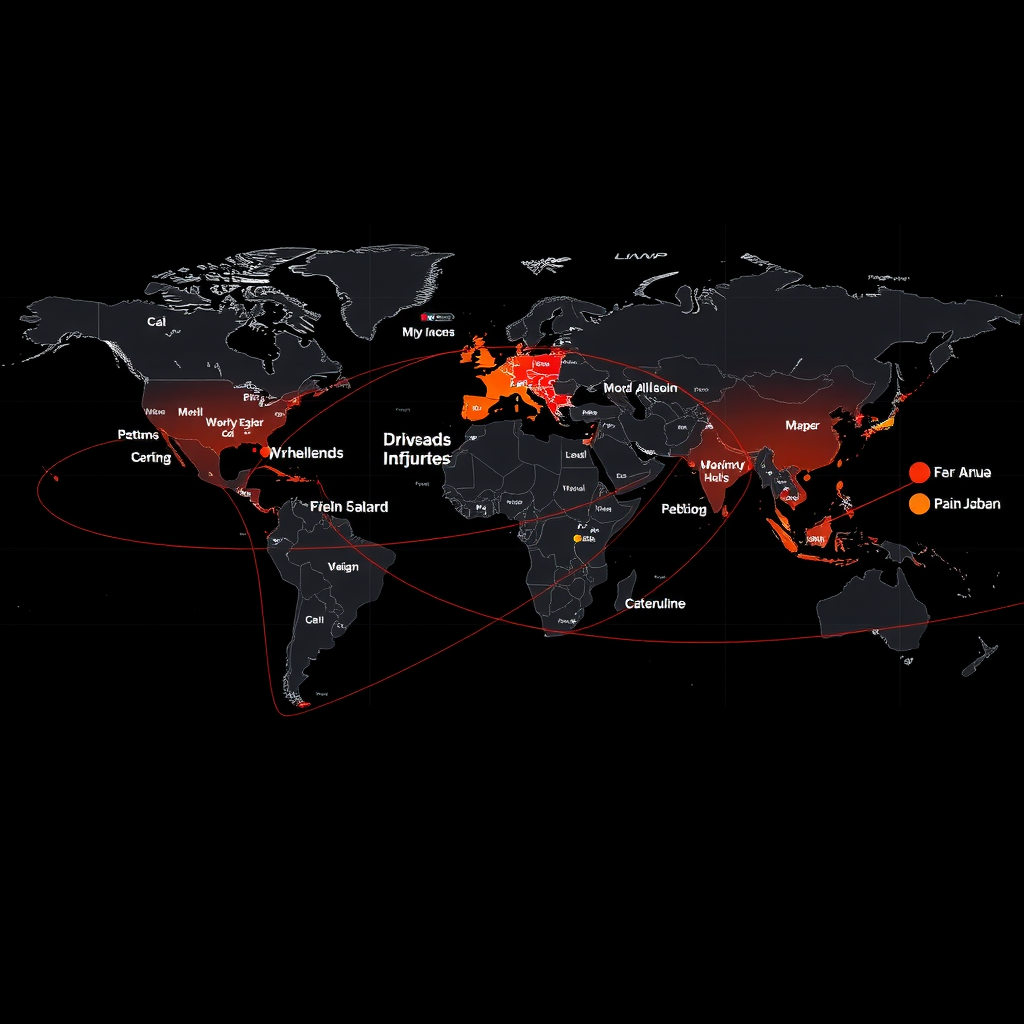 Detailed world map showing interconnected supply chain routes with highlighted regional hubs, shipping lanes, and manufacturing centers across continents, overlaid with data visualization elements showing trade flow volumes
