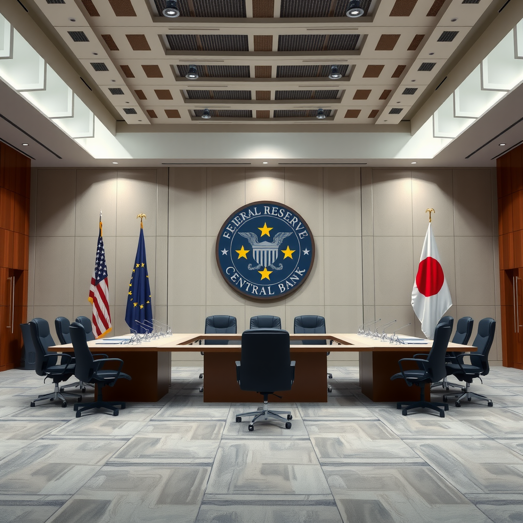 Moderne Konferenzraum mit Flaggen der Federal Reserve, Europäischen Zentralbank und Bank of Japan, symbolisiert internationale Geldpolitik-Koordination