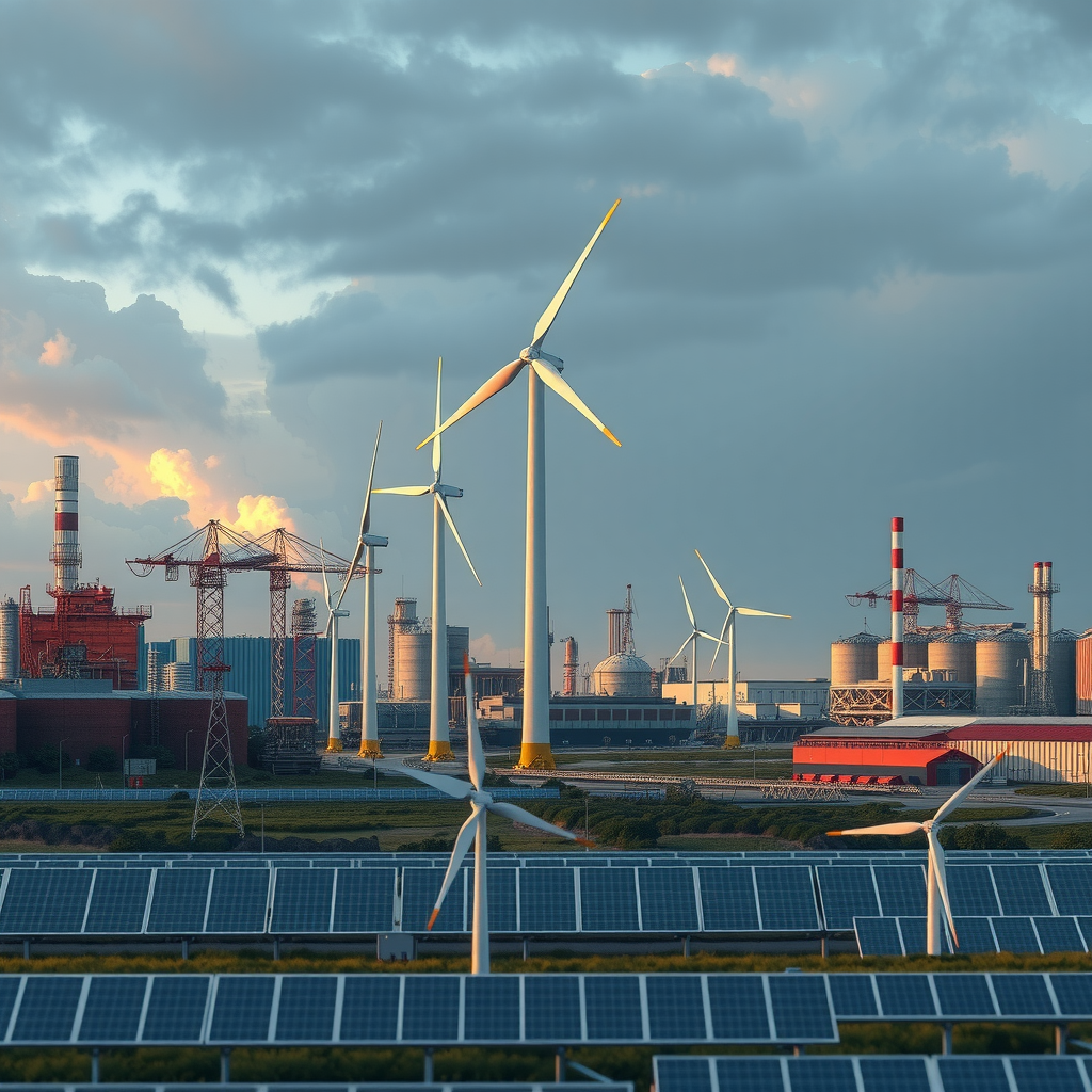 Umfassende Visualisierung der globalen Energiewende mit Windkraftanlagen, Solarparks und modernen Stromnetzen vor dem Hintergrund einer sich wandelnden Industrielandschaft