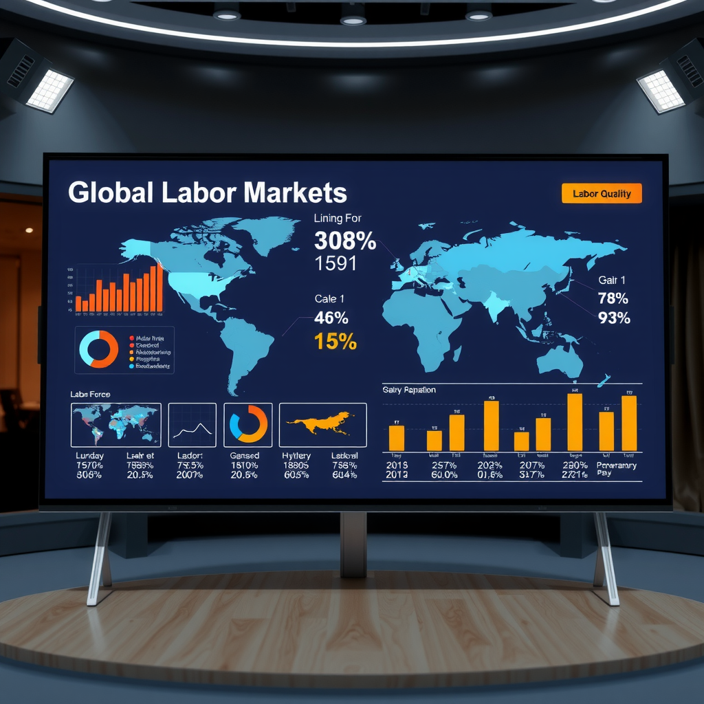 Professionelle Darstellung globaler Arbeitsmärkte mit Diagrammen, Weltkarte und Statistiken zur Erwerbsbeteiligung, Lohnentwicklung und demografischen Trends auf modernem Bildschirm