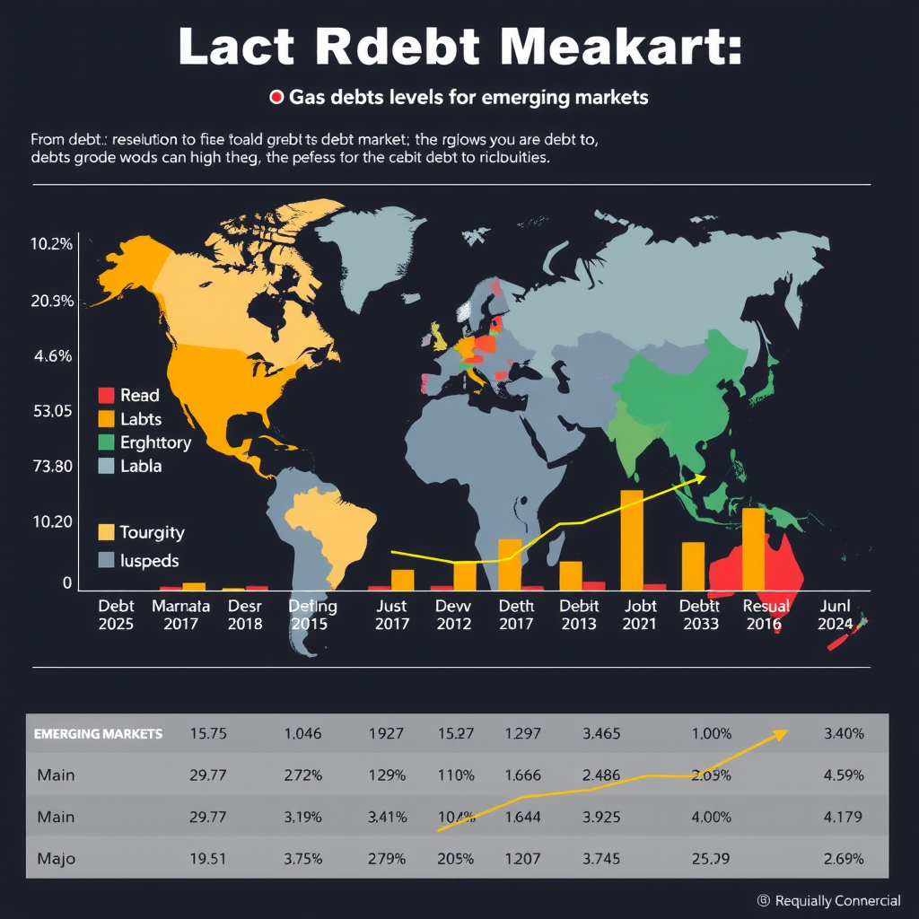 Detaillierte Infografik zeigt globale Schuldenniveaus in Schwellenländern mit farbcodierten Balkendiagrammen für verschiedene Regionen, Trendlinien für Schulden-zu-BIP-Verhältnisse und Währungssymbole im Hintergrund