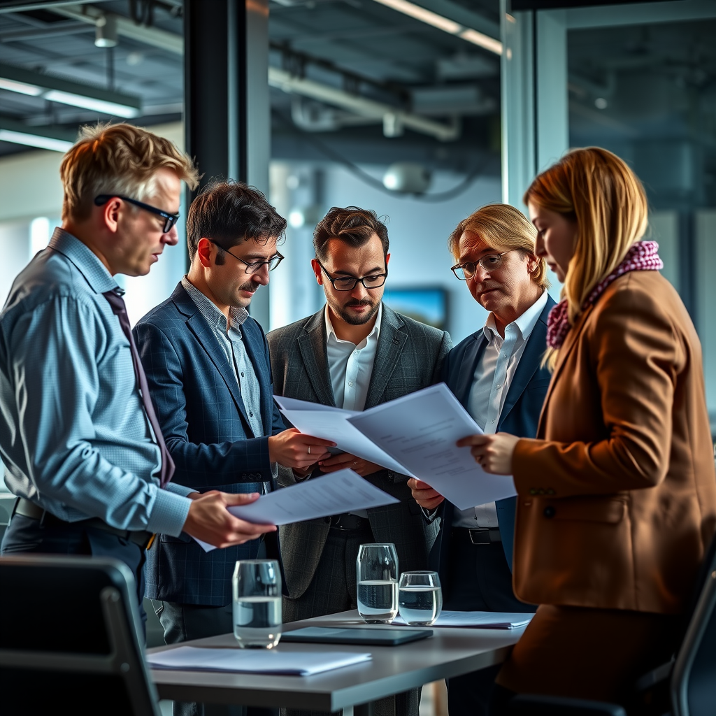 Professionelles Team von Wirtschaftsanalysten bei der Zusammenarbeit in einem modernen Büro, Diskussion über Wirtschaftsdaten und Berichte