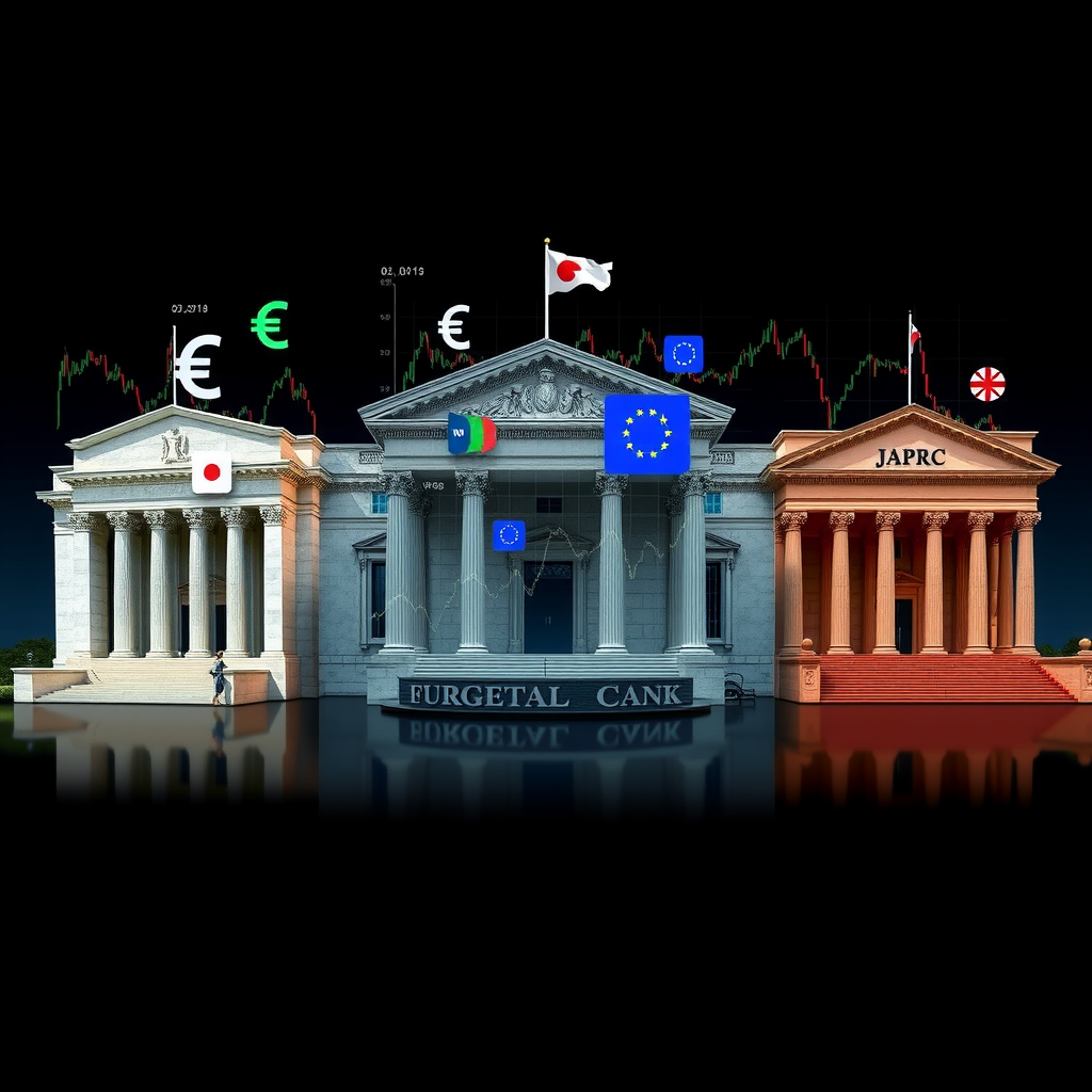 Professional financial visualization showing central bank buildings of Federal Reserve, ECB, and Bank of Japan with overlaid currency symbols, interest rate charts, and economic indicators representing diverging monetary policy approaches