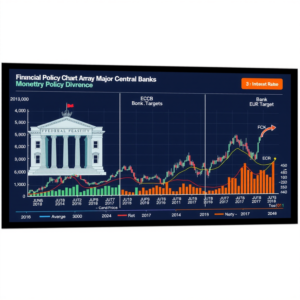 Professional financial chart displaying monetary policy divergence among major central banks including Federal Reserve, ECB, and Bank of Japan, with interest rate trends, inflation targets, and currency exchange rate graphs