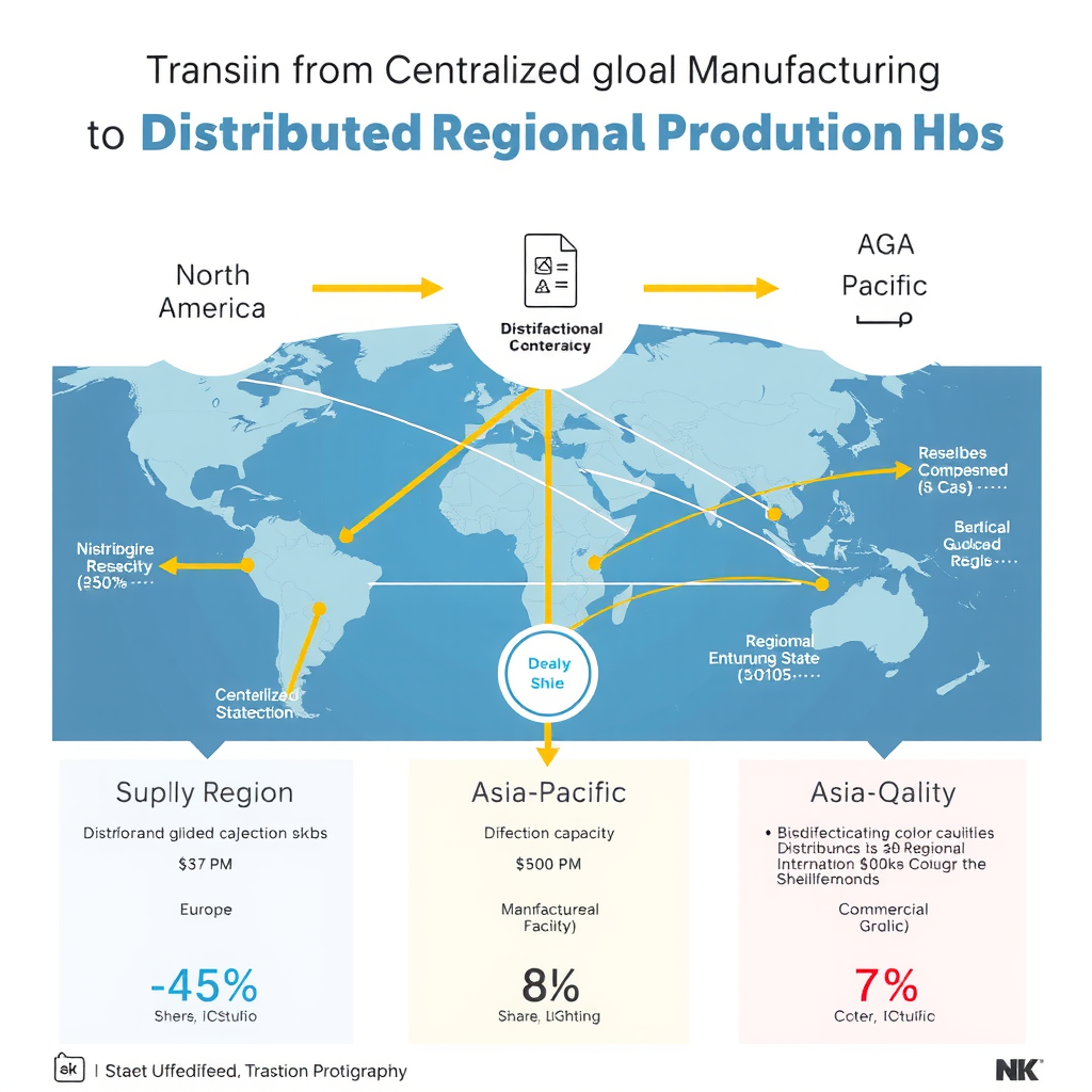 Infographic showing the shift from centralized global manufacturing to distributed regional production hubs, with arrows indicating supply chain flows between North America, Europe, and Asia-Pacific regions, including data on manufacturing capacity distribution