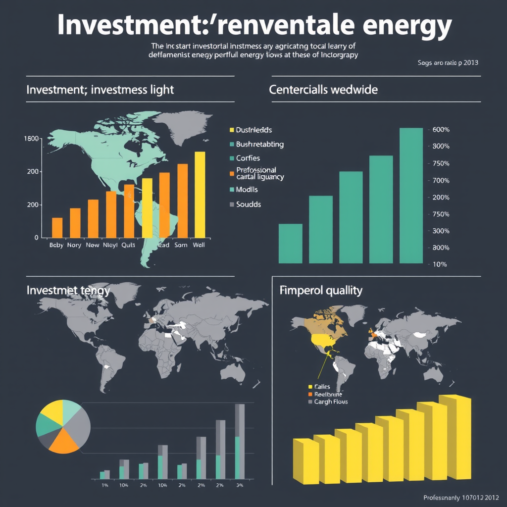 Detaillierte Infografik zeigt Investitionstrends in erneuerbare Energien mit Balkendiagrammen, Kreisdiagrammen und geografischen Verteilungen der Kapitalströme weltweit