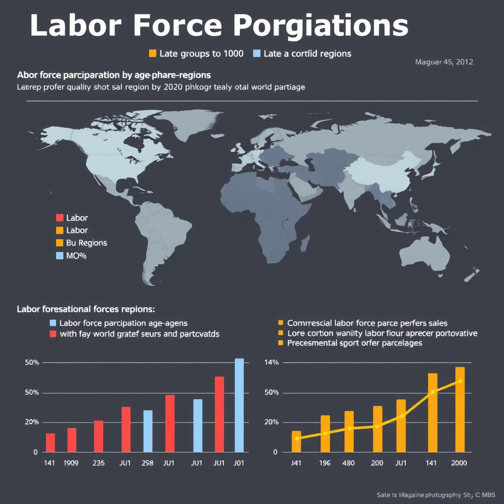 Detaillierte Infografik mit Balkendiagrammen und Linienverläufen zur Erwerbsbeteiligung nach Altersgruppen und Geschlecht in verschiedenen Weltregionen, professionelles Datenvisualisierungsdesign
