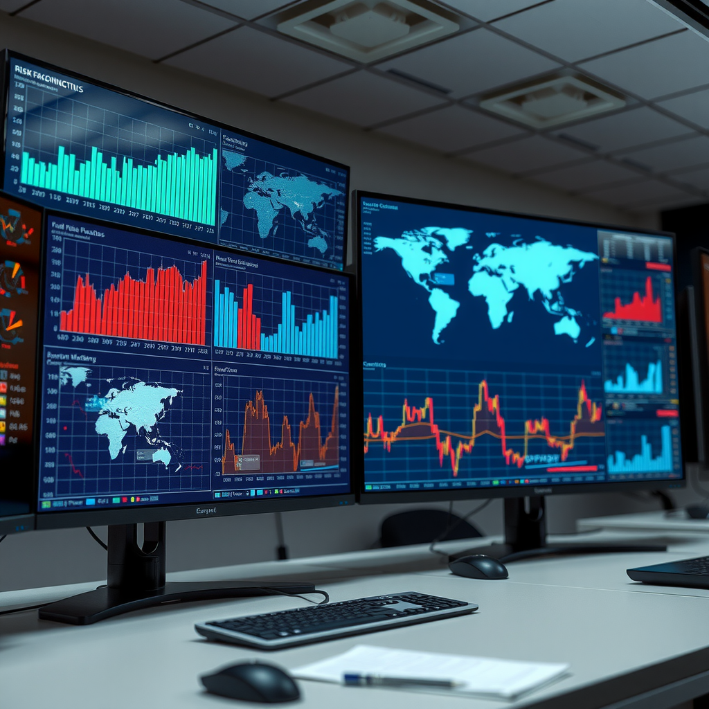 Detaillierte Visualisierung von Wirtschaftsdaten mit Risikofaktor-Analysen, Diagrammen und globalen Wirtschaftsindikatoren auf mehreren Monitoren