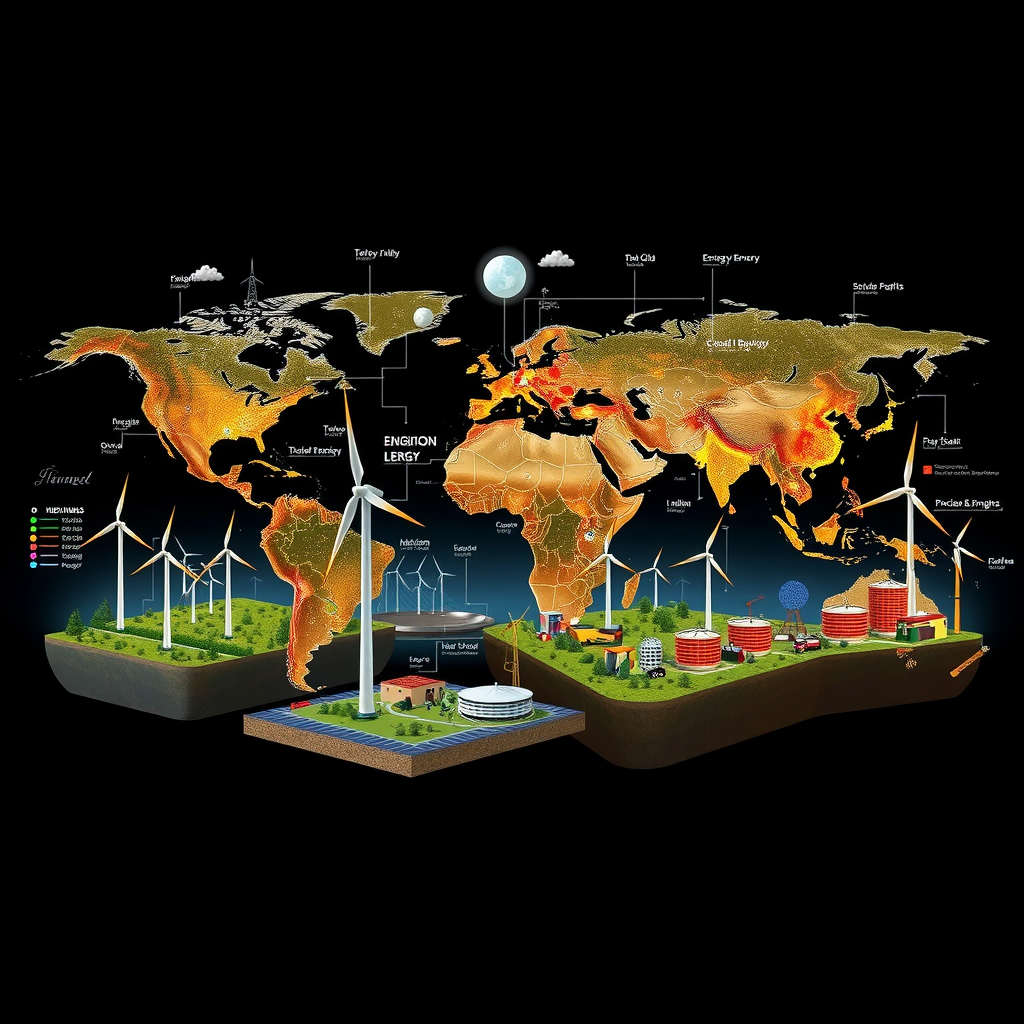 Comprehensive visualization of global energy transition showing renewable energy infrastructure including wind turbines, solar panels, and modern power grids alongside traditional energy facilities, with economic data overlays and regional policy frameworks