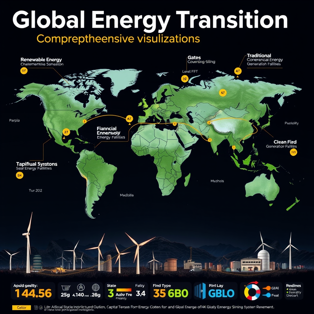 Comprehensive visualization of global energy transition showing renewable energy infrastructure including wind turbines, solar panels, and traditional energy sectors, with investment flow diagrams and regional policy frameworks across different continents