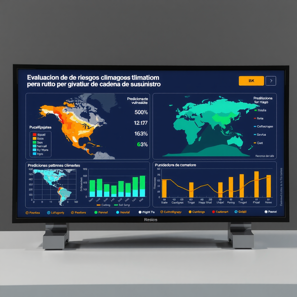 Digital dashboard displaying climate risk assessment for supply chain routes, showing heat maps of vulnerable regions, weather pattern predictions, and risk scores for different transportation corridors with real-time monitoring indicators