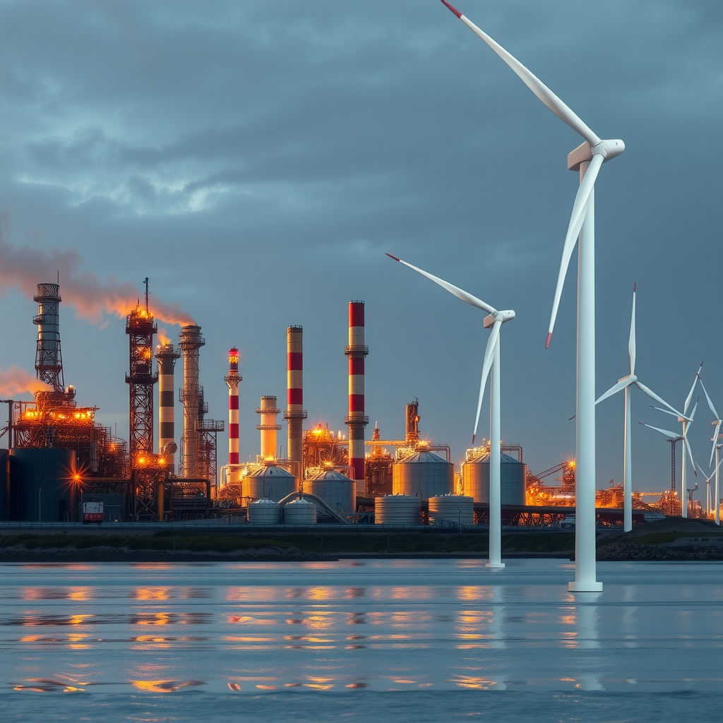 Konzeptuelle Darstellung der Transformation traditioneller Energiesektoren mit Ölraffinerien im Hintergrund und modernen Windturbinen im Vordergrund, symbolisiert den Übergang