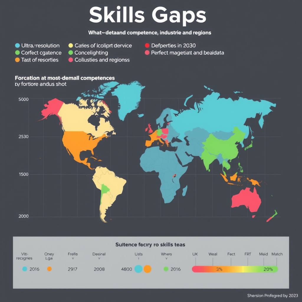 Moderne Visualisierung der Qualifikationslücken mit Heatmap-Darstellung der gefragtesten Kompetenzen nach Branchen und Regionen, inklusive Prognosen für 2030