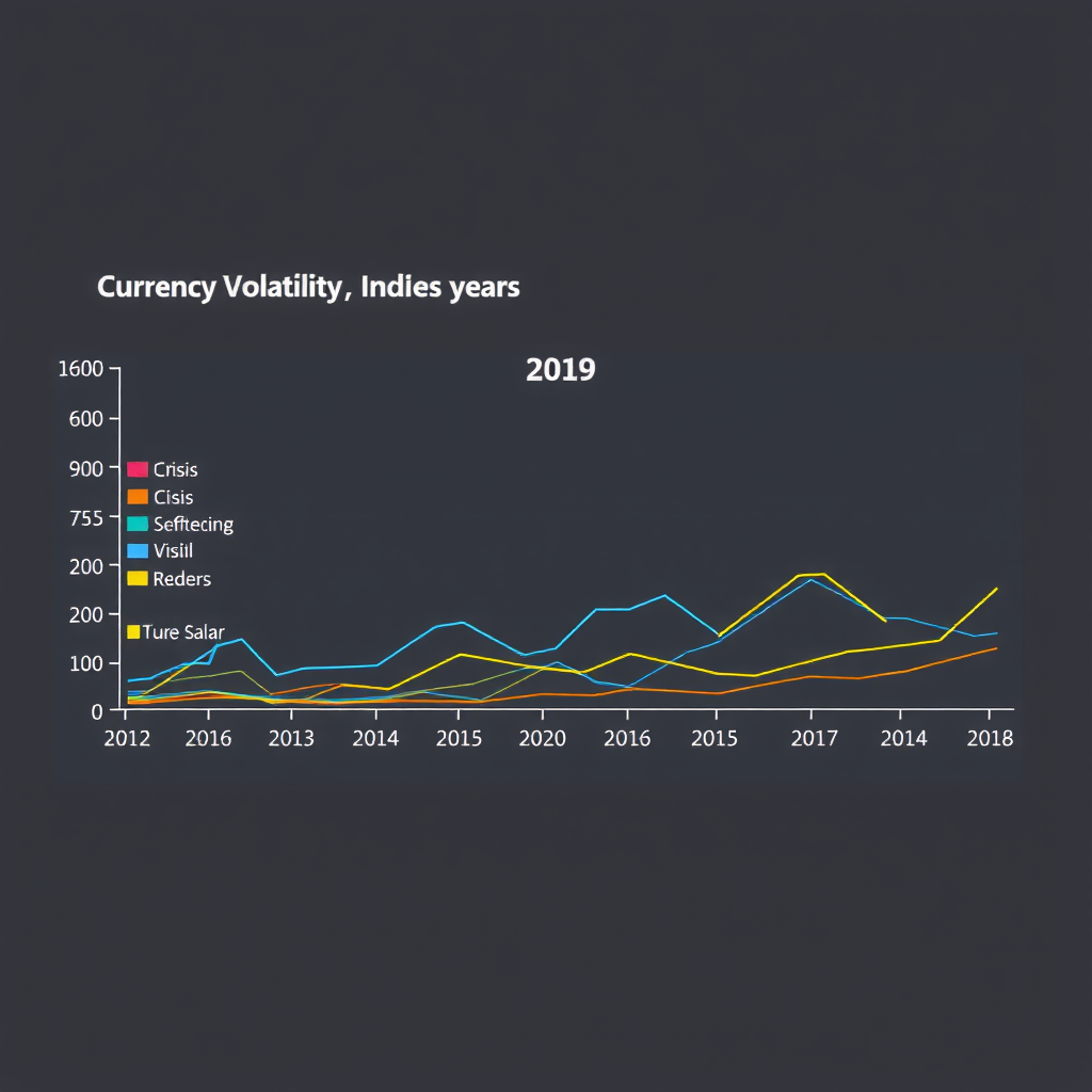 Liniendiagramm zeigt Währungsvolatilitätsindizes für wichtige Schwellenländerwährungen über die letzten fünf Jahre, mit Hervorhebungen für Krisenereignisse und Korrelation mit US-Dollar-Stärke
