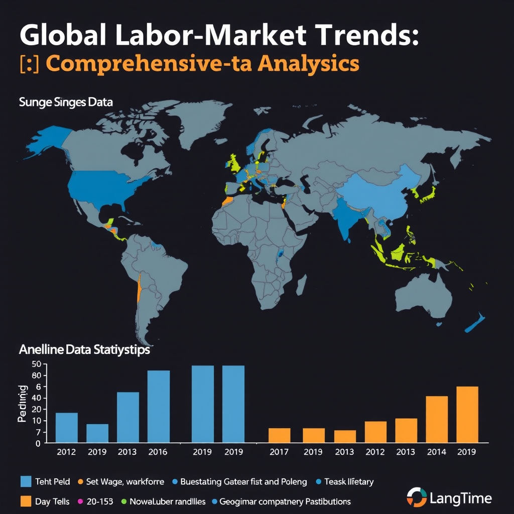 Data-rich infographic depicting global labor market trends with workforce participation rates, wage growth charts, skills gap analysis, remote work statistics, and demographic distribution across developed and developing economies