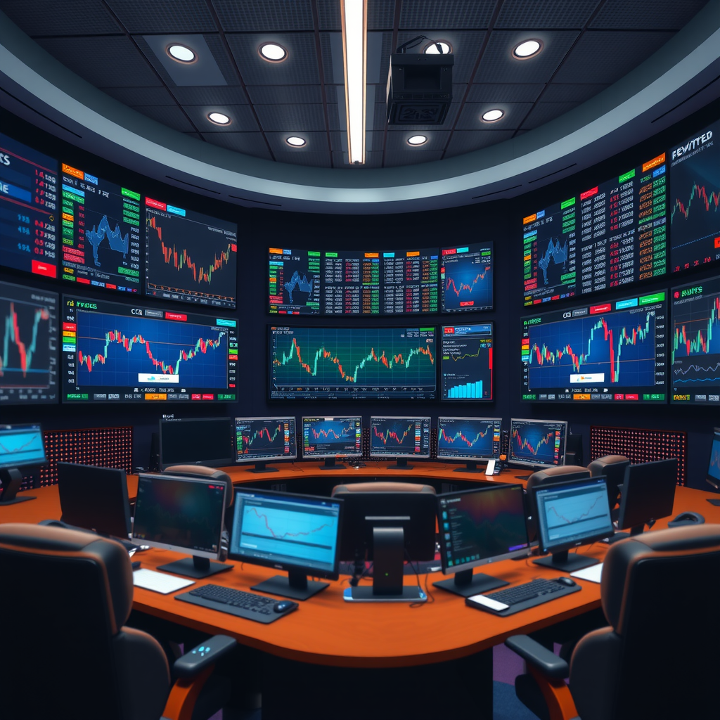 Moderner Devisenhandelsraum mit mehreren Bildschirmen zeigt Echtzeit-Währungskurse und Handelscharts, symbolisiert globale Forex-Märkte und Volatilität