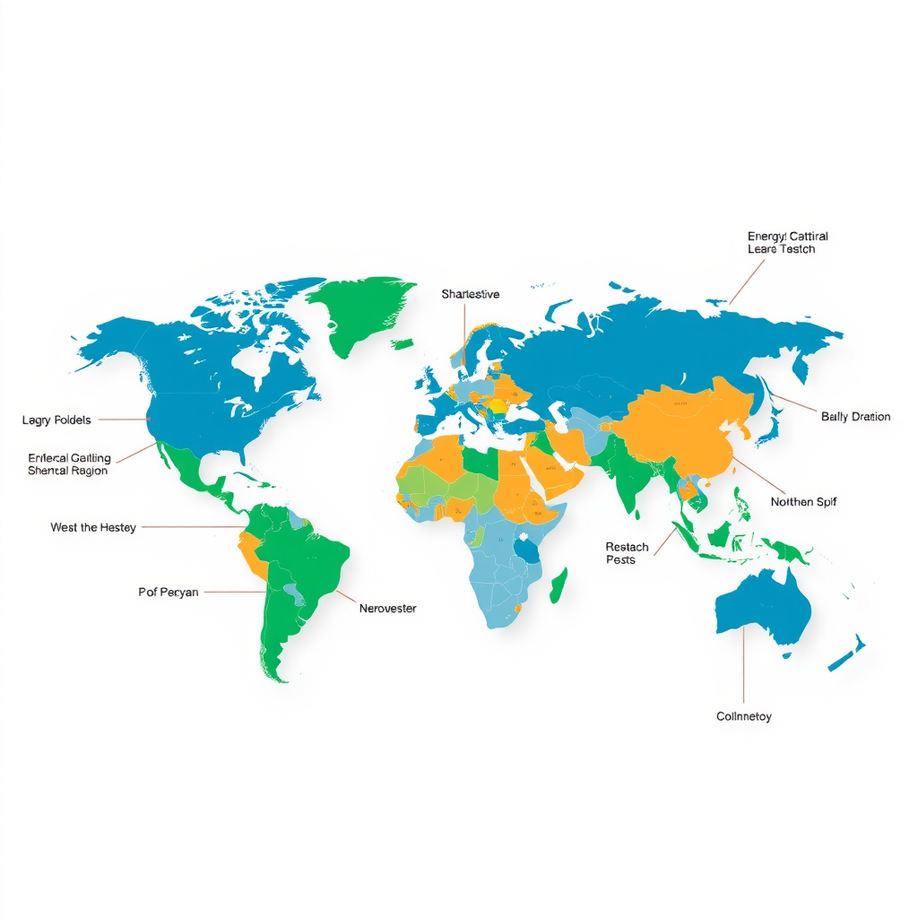 Weltkarte zeigt verschiedene politische Rahmenbedingungen für Energiewende in verschiedenen Regionen mit farbcodierten Bereichen und Symbolen für unterschiedliche Politikansätze