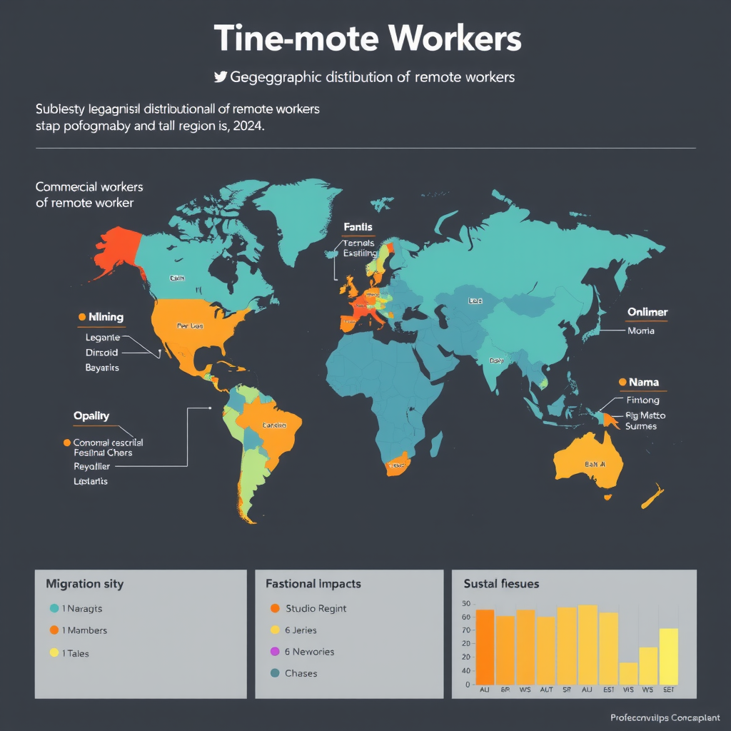 Infografik zur geografischen Verteilung von Remote-Arbeitskräften mit Heatmap, Migrationsströmen zwischen Städten und wirtschaftlichen Auswirkungen auf verschiedene Regionen