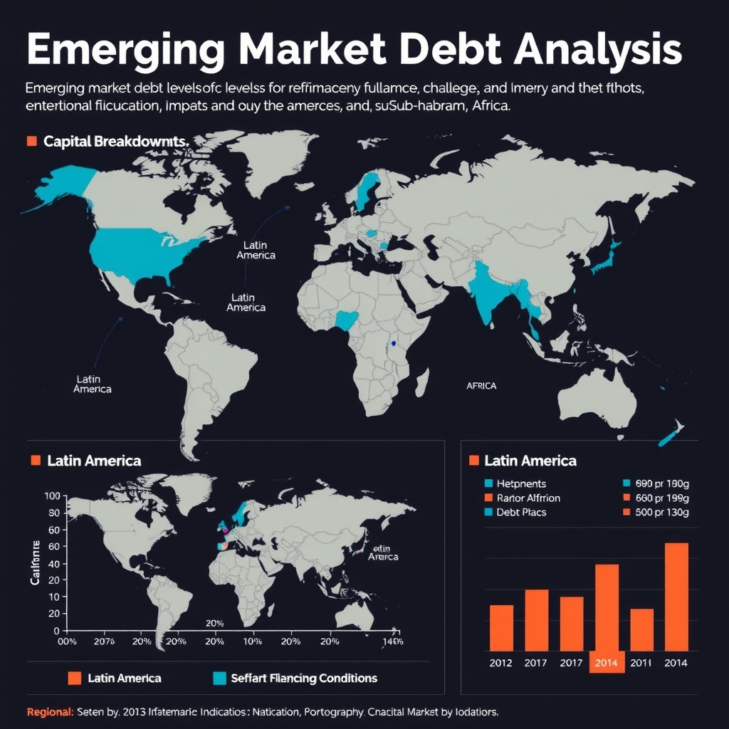 Detailed financial visualization showing emerging market debt levels, refinancing challenges, currency fluctuation impacts, and external financing conditions with regional breakdowns for Latin America, Southeast Asia, and Sub-Saharan Africa including capital flow indicators