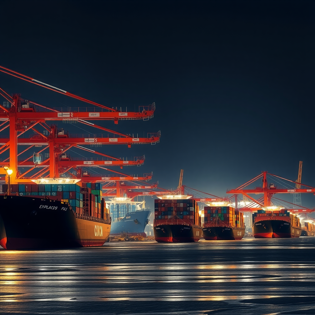 Großer Containerhafen bei Nacht mit beleuchteten Kränen und Containerschiffen, symbolisiert internationalen Handel und globale Lieferketten