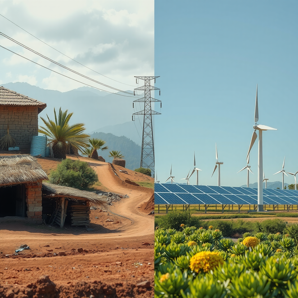 Visuelle Darstellung der Herausforderungen für Schwellenländer in der Energiewende mit Kontrasten zwischen ländlichen Gebieten ohne Stromzugang und modernen erneuerbaren Energieanlagen