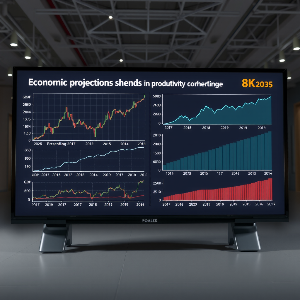 Professionelle Darstellung wirtschaftlicher Projektionen mit mehreren Liniendiagrammen zu BIP-Wachstum, Produktivitätsentwicklung und Arbeitsmarktindikatoren bis 2035