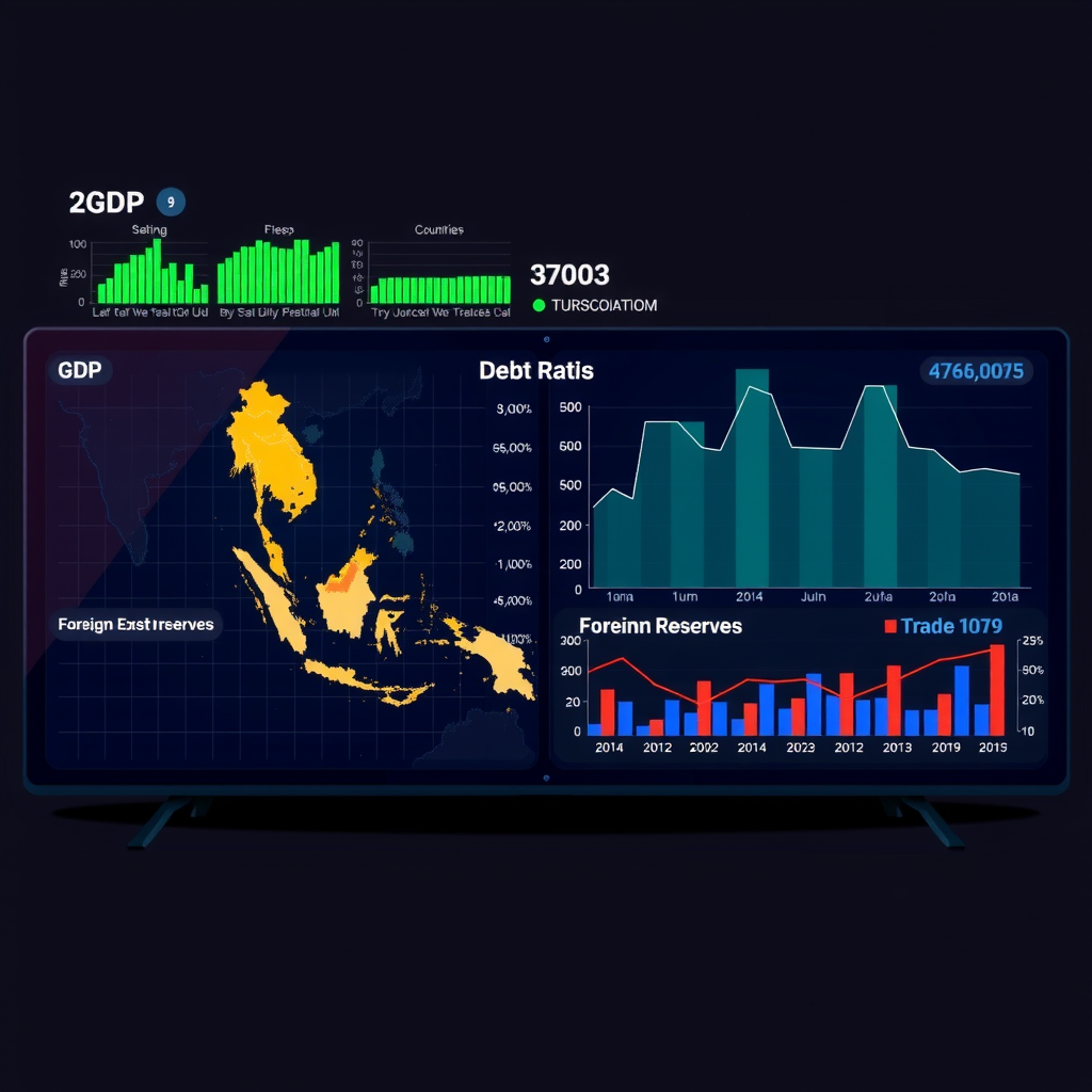 Dashboard mit mehreren Diagrammen zeigt Wirtschaftsindikatoren für südostasiatische Länder: BIP-Wachstum, Schuldenquoten, Devisenreserven und Handelsbilanz in übersichtlicher Anordnung