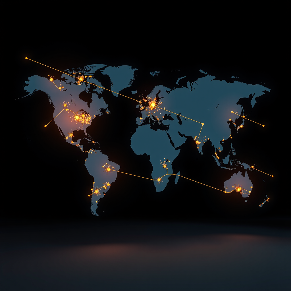 Weltkarte mit leuchtenden Verbindungslinien zwischen Finanzzentren, symbolisiert globale wirtschaftliche Vernetzung und makroökonomische Trends