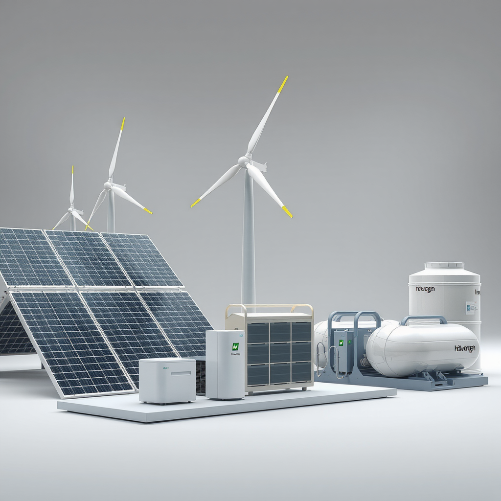 Hochmoderne Darstellung technologischer Innovationen in der Energiewende mit Solarpanelen, Windturbinen, Batteriespeichern und Wasserstoffproduktionsanlagen in futuristischem Design