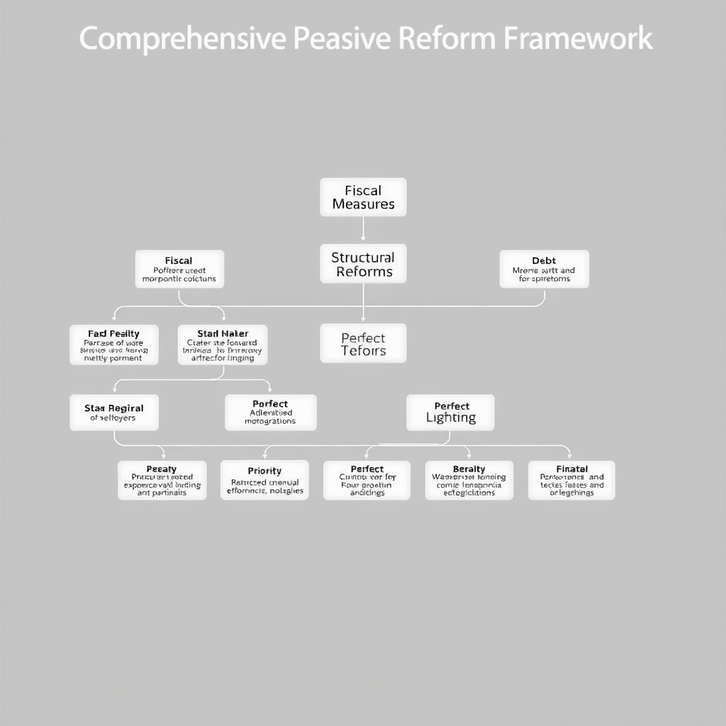 Flussdiagramm zeigt umfassenden politischen Reformrahmen mit Verbindungen zwischen fiskalischen Maßnahmen, Strukturreformen, Schuldenmanagement und internationaler Koordination, mit Zeitlinien und Prioritätsstufen
